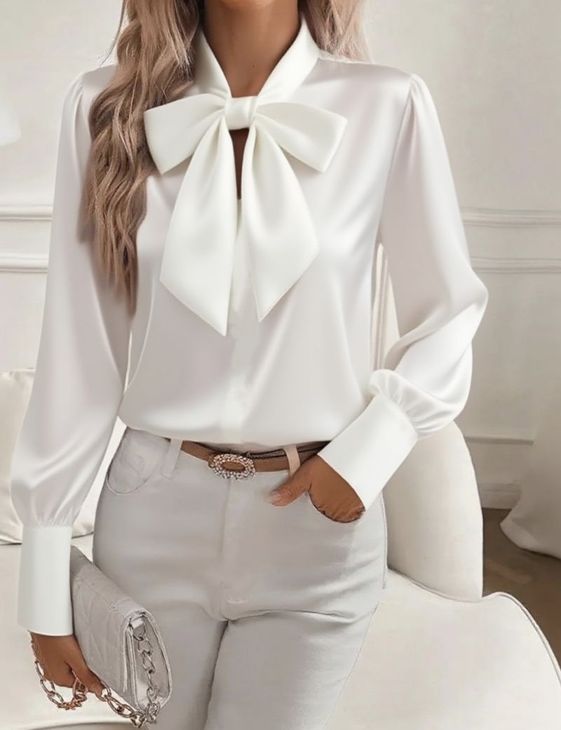 Elegante camicetta in raso con dettaglio a fiocco - Camicia da donna a maniche lunghe per autunno e inverno, ufficio e abbigliamento casual (nero, cachi, rosa, bianco)_voghion.com