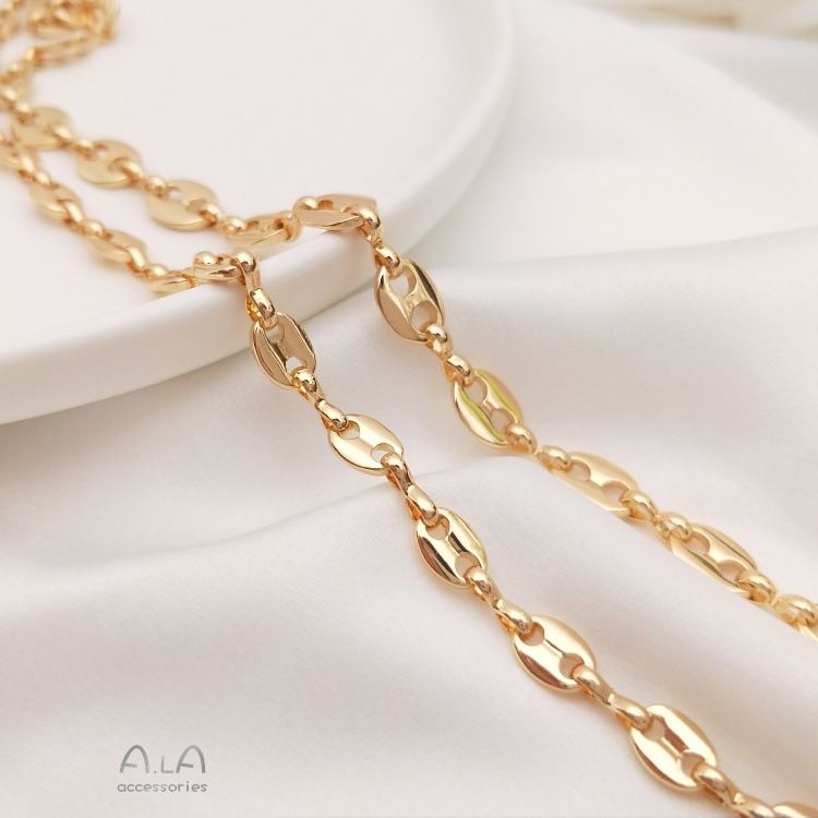 Cadena de nariz de cerdo de retención de color oro de 14K, cadena de costura de granos de café de doble orificio, cadena suelta hecha a mano, accesorios de collar de pulsera diy_voghion.com