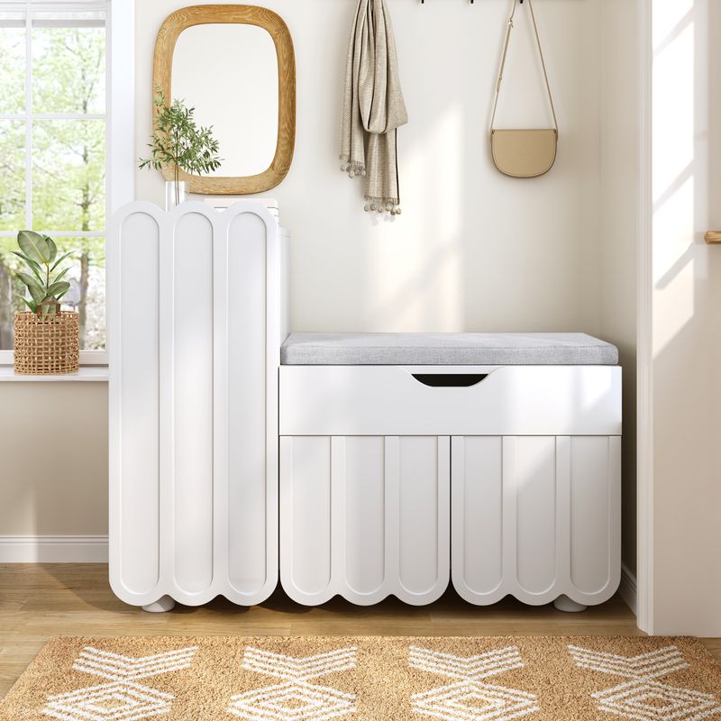 Meuble à chaussures moderne à 3 portes avec tiroir et coussin d'assise – Banc de rangement à chaussures blanc pour couloir, gain de place – Élégant meuble à chaussures d'entrée_voghion.com