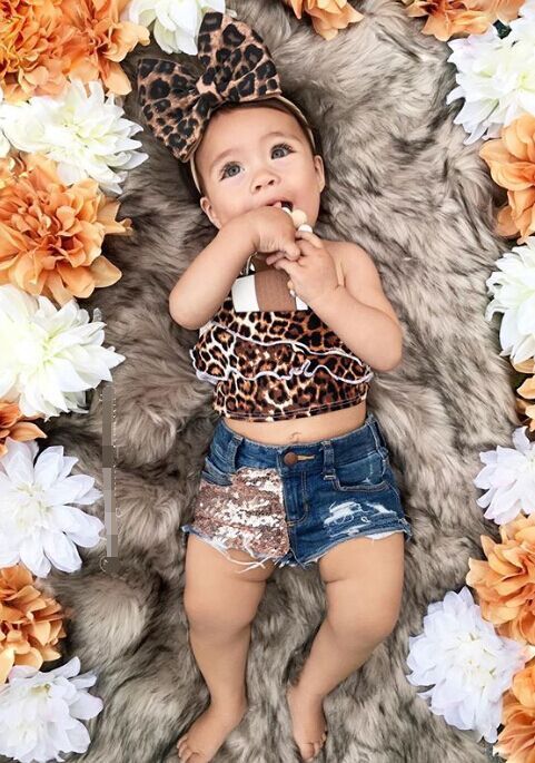 Ensemble 2 pièces pour fille : haut à nouer dans le dos imprimé léopard et short en jean orné de strass (90-130 cm)_voghion.com