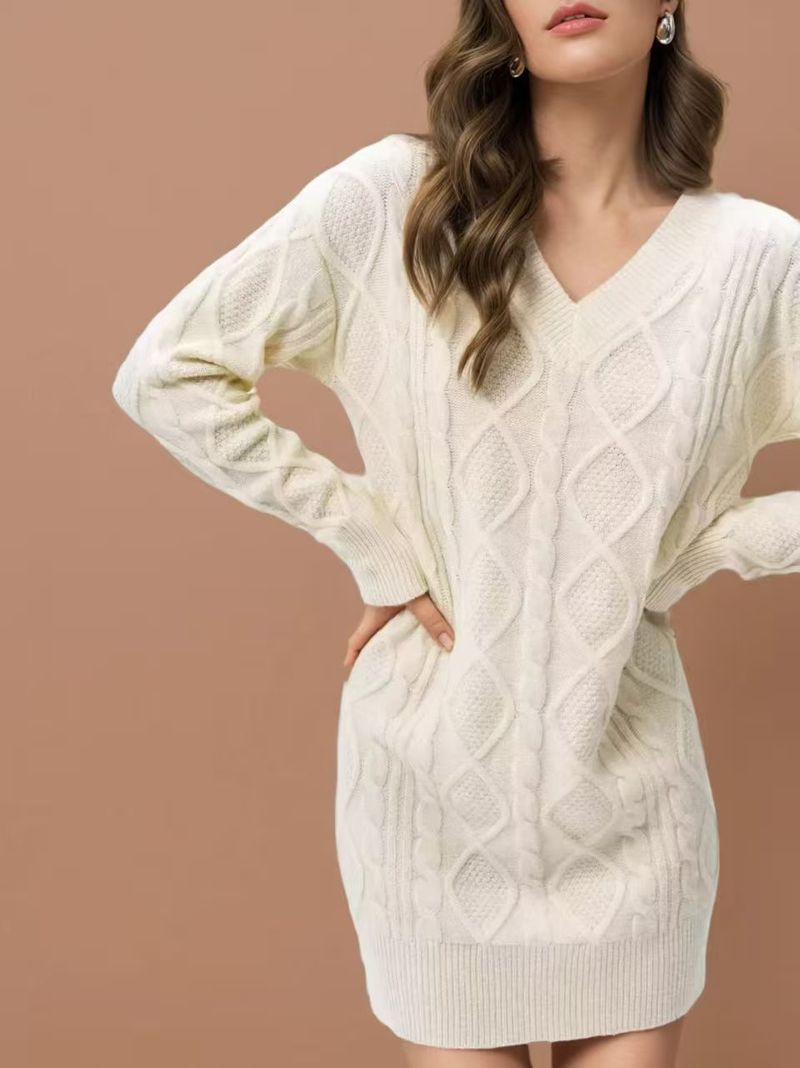 Vestito casual da donna in maglia a trecce, in tinta unita, con scollo a V, di media lunghezza, autunno inverno 2025_voghion.com