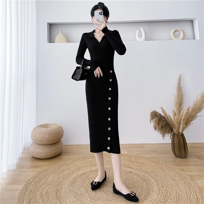 Abito in maglia aderente con colletto polo alla moda 2025 autunno inverno nuovo slim fit tinta unita_voghion.com
