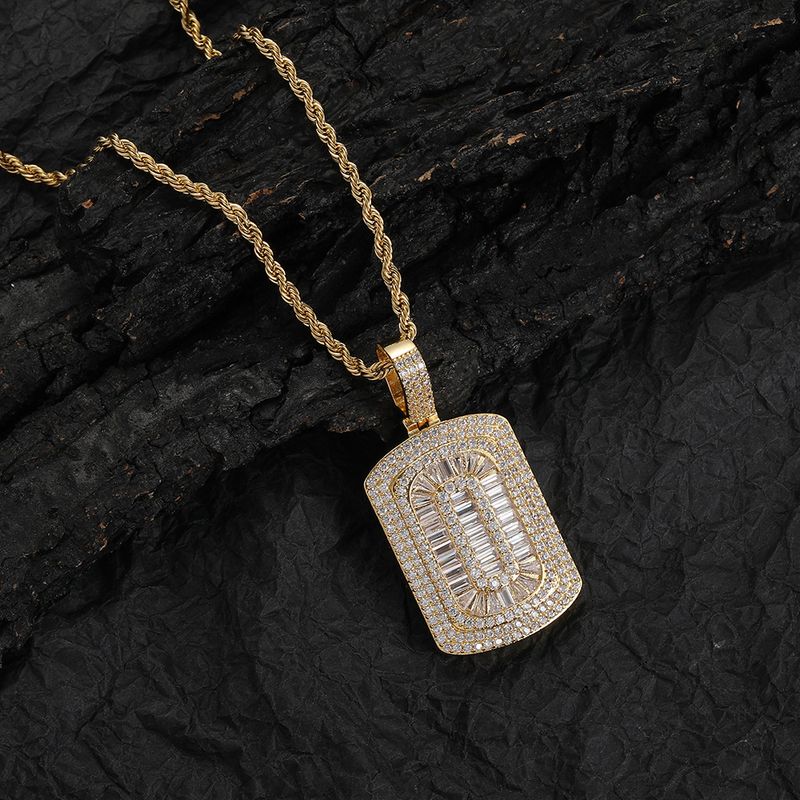 Collana Hip Hop con ciondolo quadrato di marca militare da uomo, in rame intarsiato con zirconi, a forma di scudo rettangolare_voghion.com