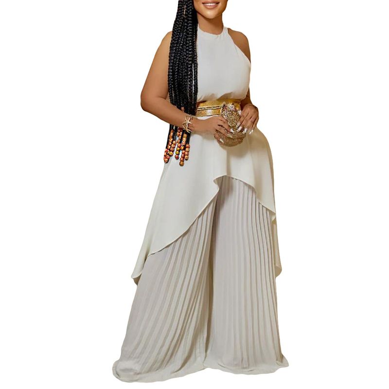 Damenbekleidung Sommermode zweiteilig ärmellos rückenfrei unregelmäßig langer Rock Hose mit weitem Bein_voghion.com