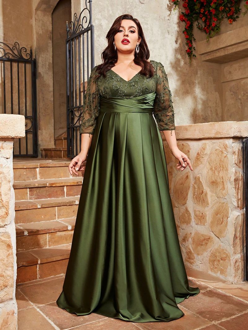 Robe de soirée grande taille Mgiacy, col en V, broderie en dentelle, tissu satiné, jupe longue pliée à la main, robe de bal_voghion.com