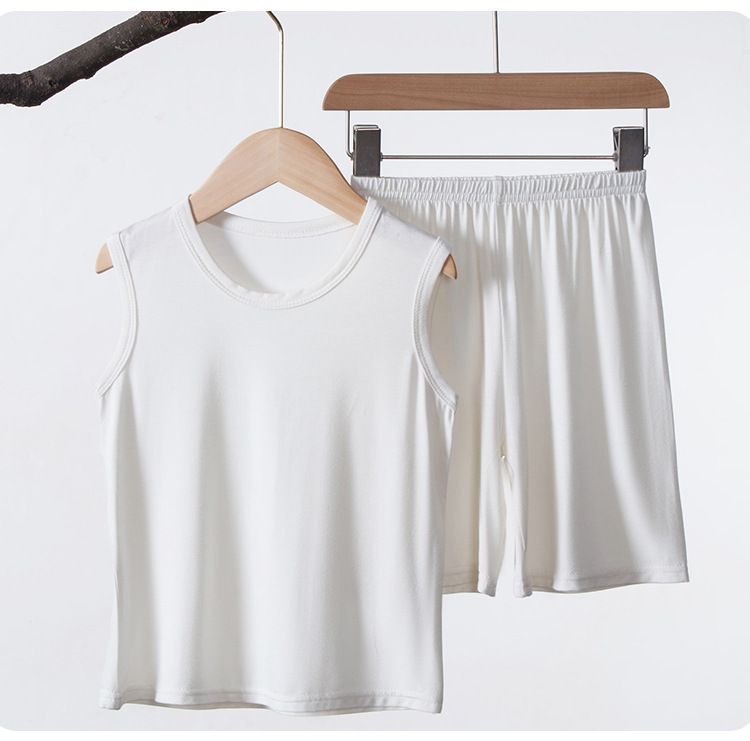 Madre y niños Chaleco de verano pantalones cortos de dos piezas niños pequeños, medianos y pequeños chaleco fresco para el hogar conjunto de color sólido transpirable_voghion.com