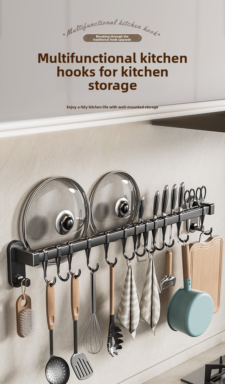 Kitchen No-Drill Hanging Rod Multi-Functional Storage Rack Spatulas And Spoons Wall-Mounted Organizer Hook For Cookware_voghion.com