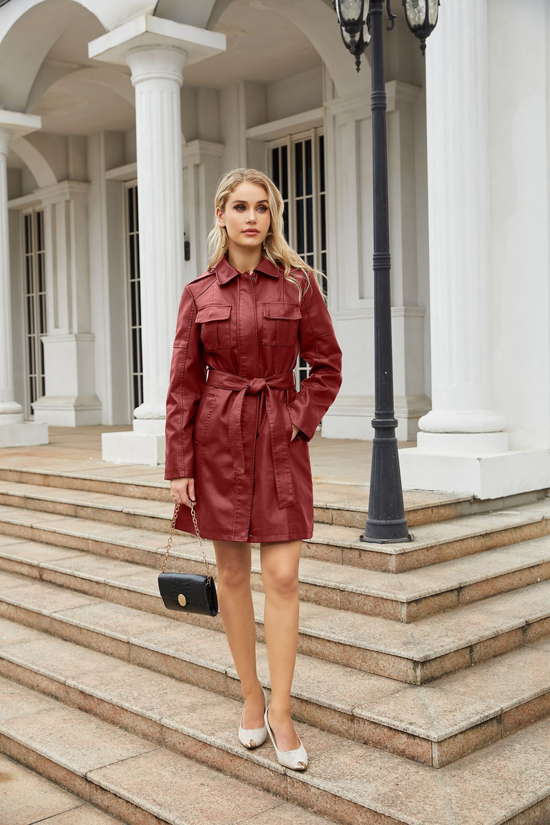 03 New Mid-Length With Belt Spring And Autumn Long Sleeve Leather Trench Coat Fashion British Style Women's Jacket_voghion.com