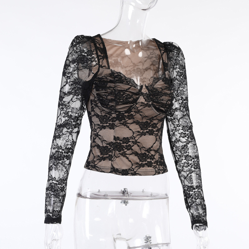 Women's breast cup lace long sleeve top fashionable sexy black Fanny pack body V-neck T-shirt_voghion.com