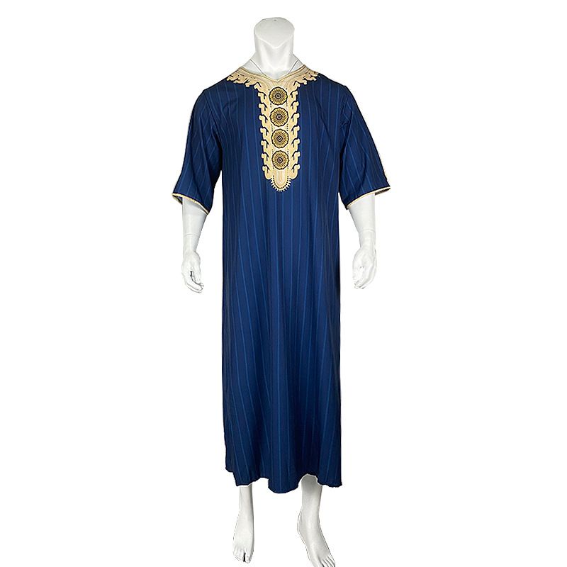 Männer Muslimischen Sommer Mode Lose Robe Islam Kaftan Männer Kleidung Dubai Luxus Muslimischen Abaya Muslimischen V-ausschnitt Kurzarm Druck_voghion.com