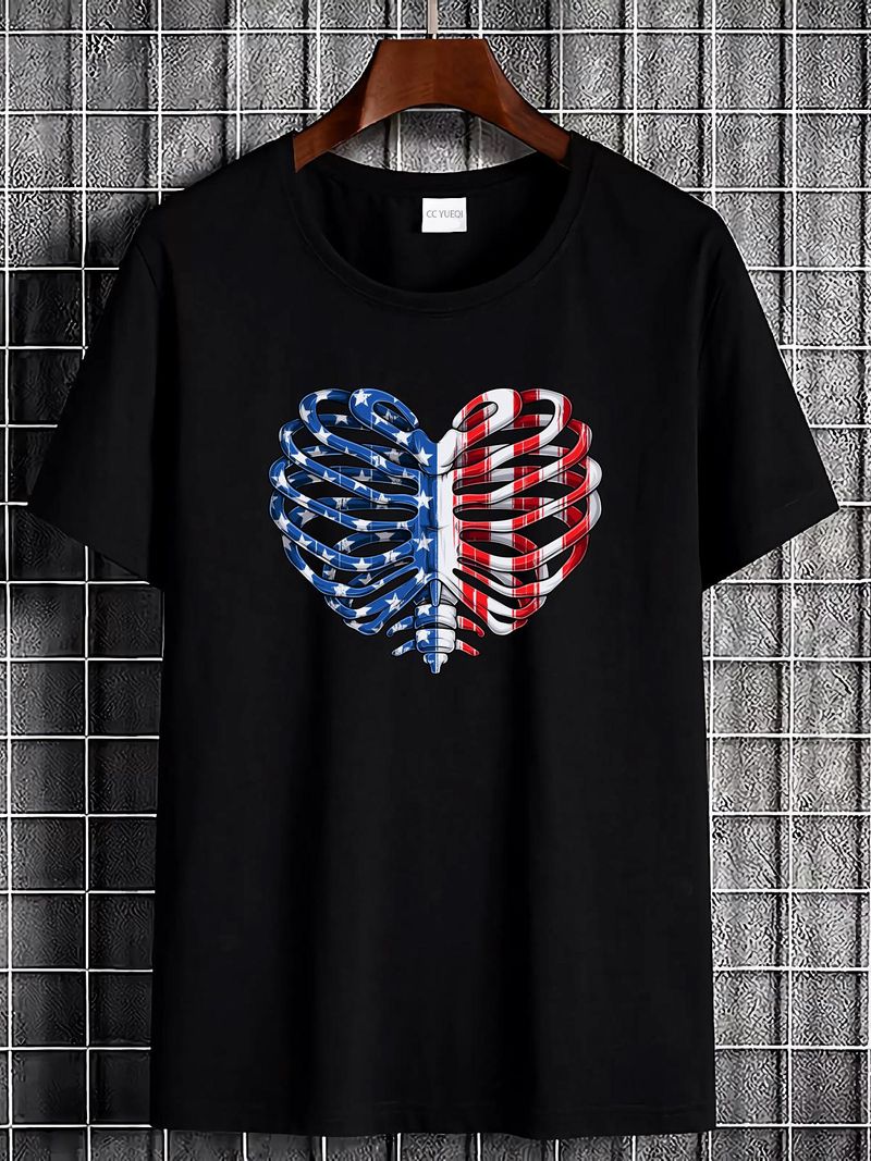 USA Rib Cage Amerikanische Flagge Herren-T-Shirt, 100 % Baumwolle, Oberteil für den Alltag, Sommer, weiche Designerkleidung, Grafik, vielseitig, atmungsaktiv, modisch, Unisex_voghion.com