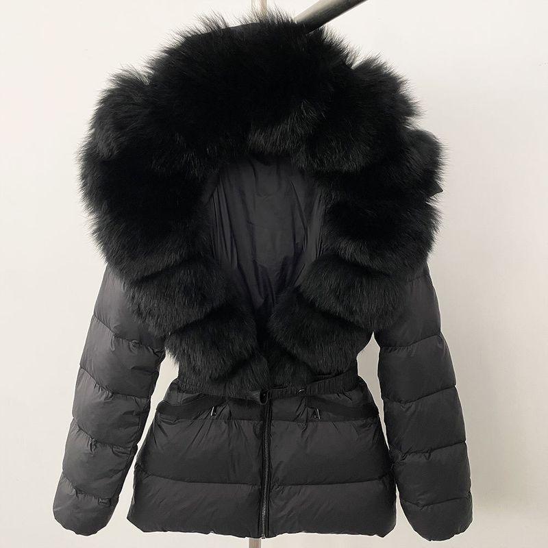 Nuovo stile caldo del commercio estero, giacca corta da donna con collo in vera pelliccia di volpe, giacca in piumino con vita sottile e spessa_voghion.com