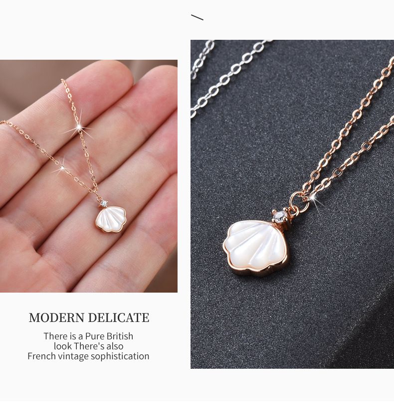 Titanium Steel Lifetime Necklace Pendant for Female Beizi Shell Zircon Collar Chain_voghion.com
