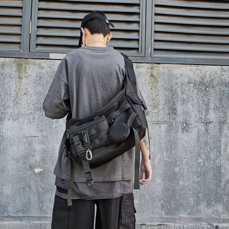 Schulter Gothic Schwarz Umhängetasche Messenger Tragetaschen Für Männer Frauen Shopper Nylon Hip Hop Techwear Satchel Taille Goth_voghion.com