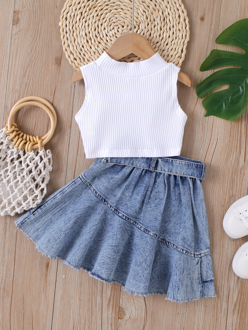 Moeder & Kinderen Kinderkleding Meisjes Effen Kleur Vest Mouwloos Top Denim Open Zak Geplooide Rok Pak_voghion.com