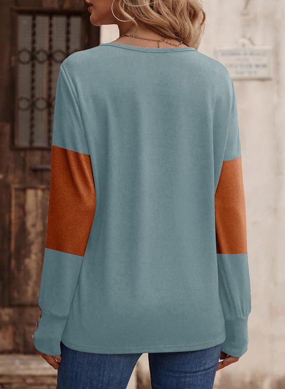 Maglietta a maniche lunghe a contrasto da donna, con bottoni a contrasto, scollo a V casual da donna_voghion.com