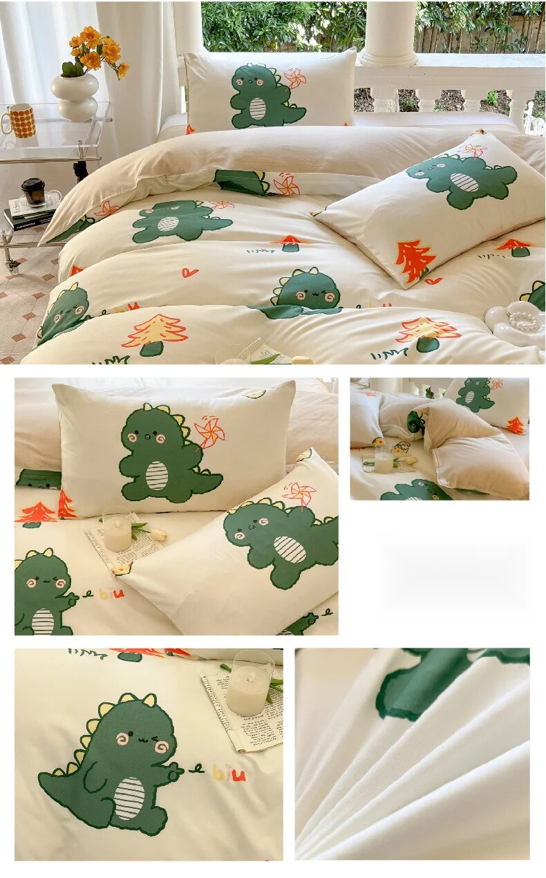 Pequeñas y frescas cuatro sábanas y fundas de edredón, dormitorio de estudiantes de primavera, tres juegos de ropa de cama de una sola pieza con dibujos animados_voghion.com
