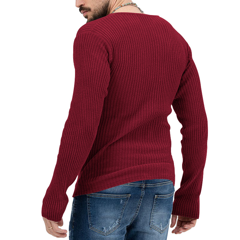 2023 Herren Casual Herbst Winter Tiefe V-Ausschnitt Slim Fit Langarm Einfarbig Gestricktes Basishemd Für Männer_voghion.com