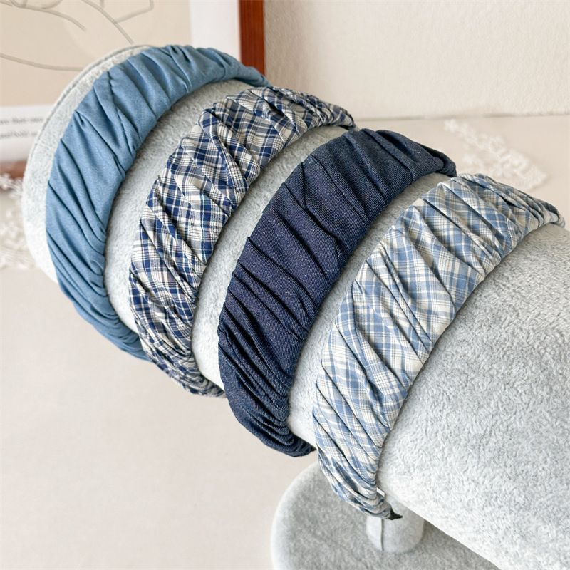 Fascia per capelli da donna in tessuto plissettato scozzese blu con motivo coreano, fasce per capelli larghe di alta qualità, eleganti fermagli per capelli_voghion.com