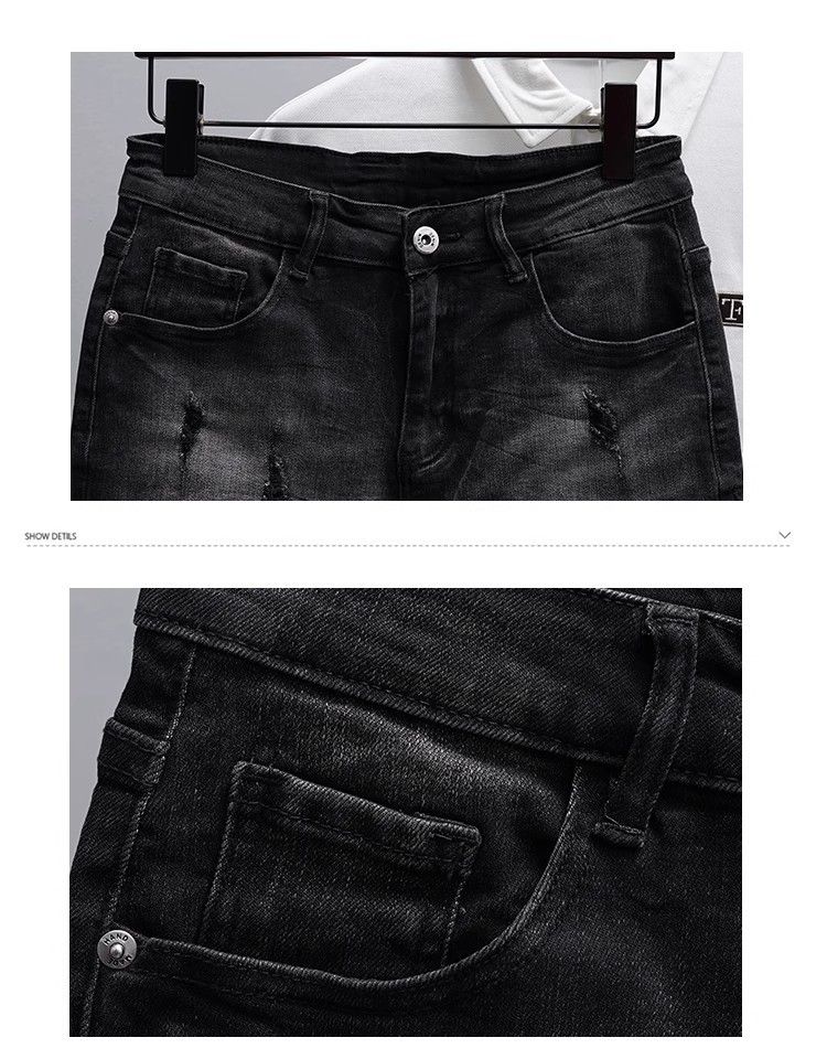 Herrenbekleidung Jeansshorts Trendy Neue Sommershorts Locker Vielseitig Schwarz Zerrissen Persönlichkeit Mittellange Hose_voghion.com