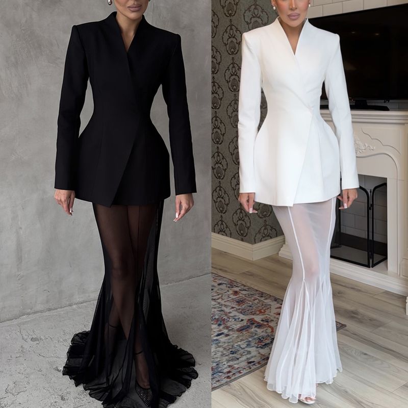 Damenbekleidung Langarm Satin Top Anzug Lose Stretch Garn Mesh Rock Zweiteiliges Set_voghion.com