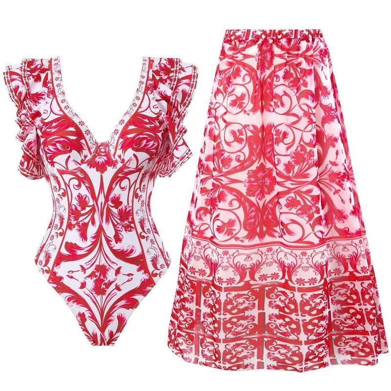 Modisches einteiliges Badeanzug-Set mit bedrucktem Gaze-Kleid, Strand-Spa-Bikini_voghion.com