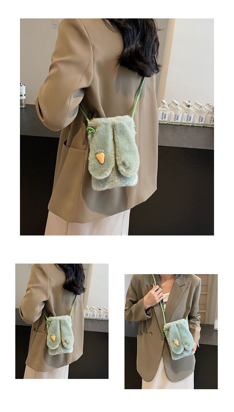 Borsa di paglia Borsa intrecciata Borsa per cellulare soffice Borsa a tracolla in peluche Mini borsa con orecchie da coniglio Borsa da donna_voghion.com