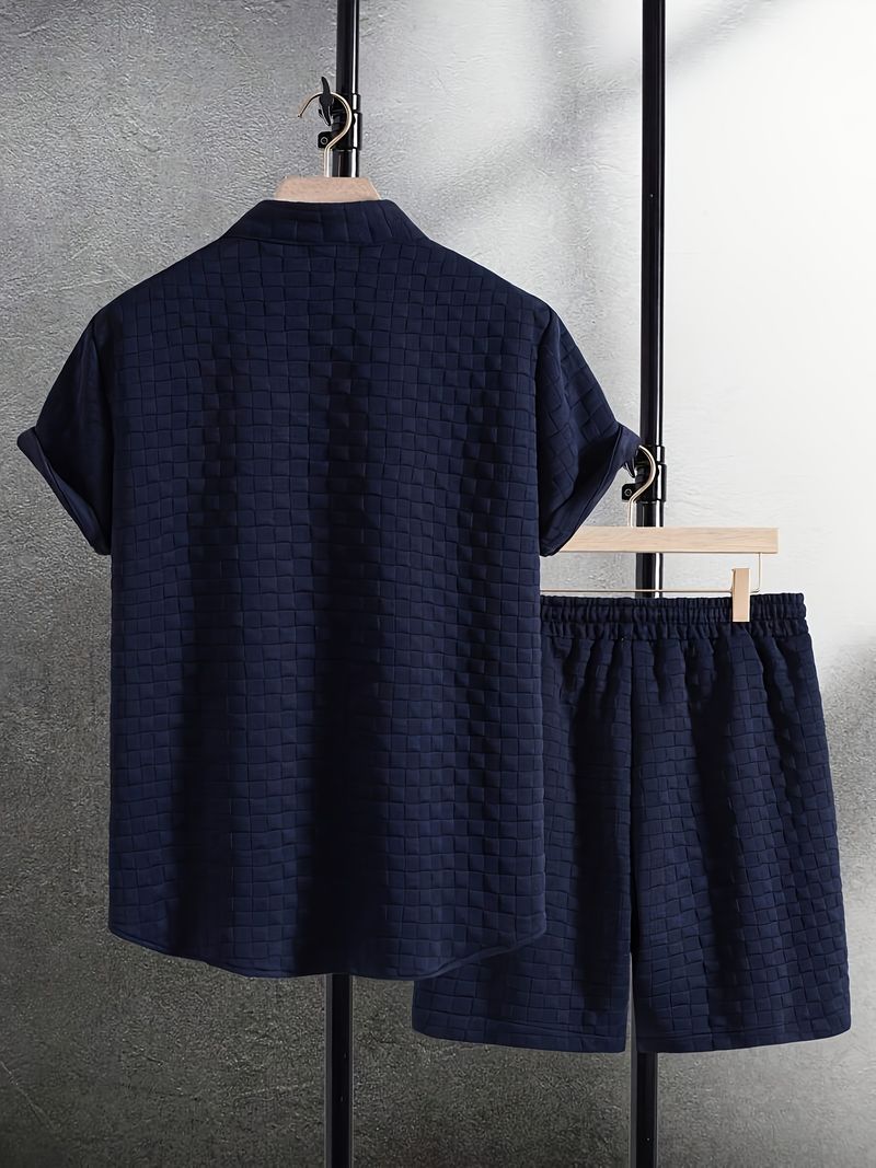 Herrenbekleidung Sommer Jacquard Schwarz-Weiß Einfarbig Anzug Kurzarm Herren Urlaub Casual Style Hemd_voghion.com