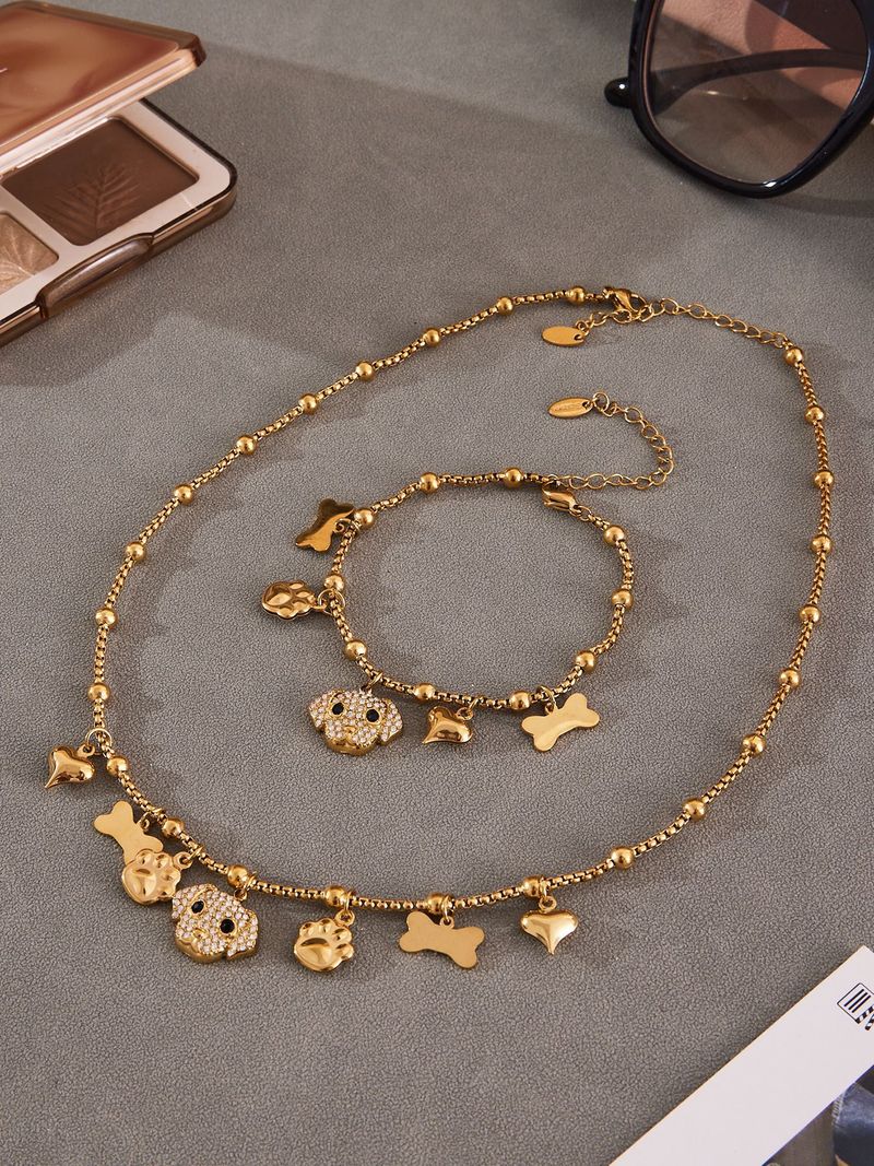 Collana con ciondolo a forma di cane in acciaio inossidabile con diamanti, bracciale e piccolo set di gioielli speciali per donne_voghion.com