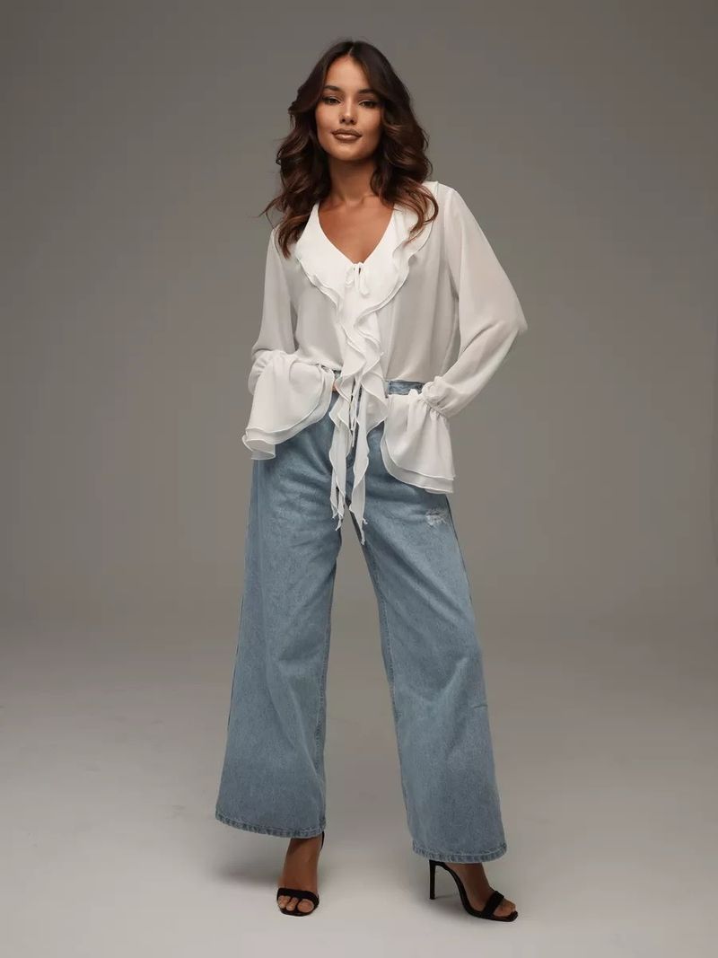 Frühling Damen Neue Mode Rüschen Langarm V-Ausschnitt Krawatte Vielseitige Hemdbluse_voghion.com