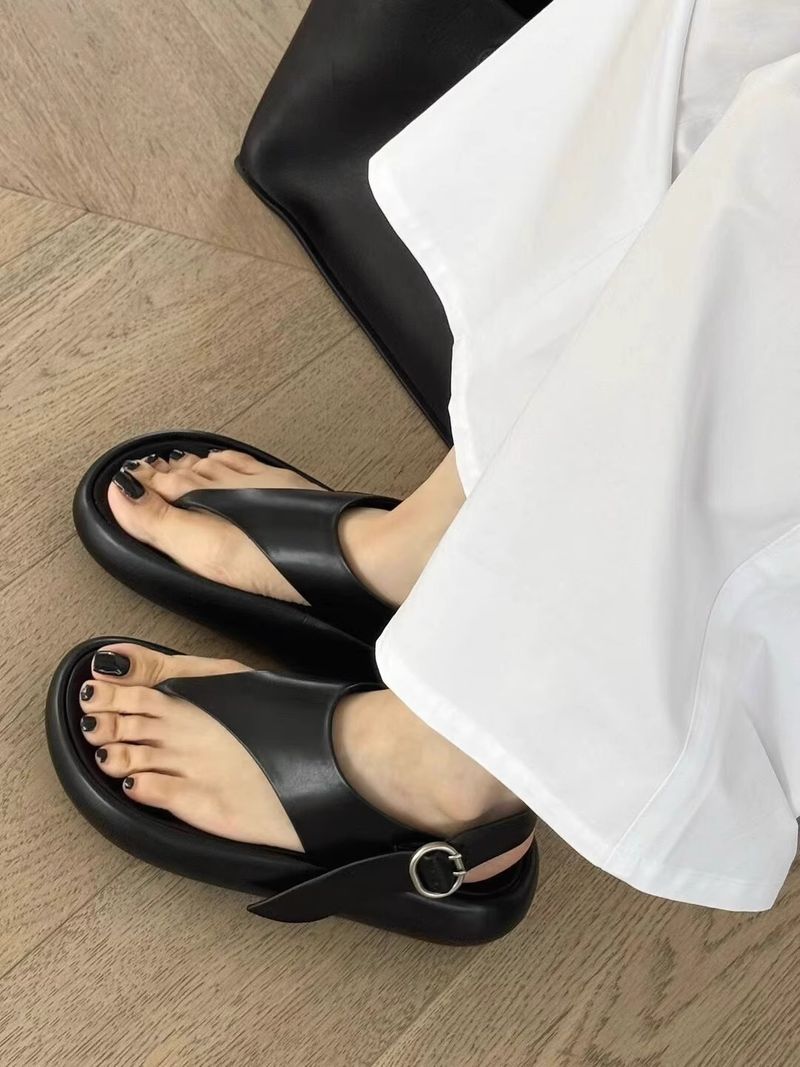 Damessandalen met plateauzool en gespband - Echt leren neusstuk (dikke zool, strand- en vrijetijdskleding, Romeinse stijl)_voghion.com