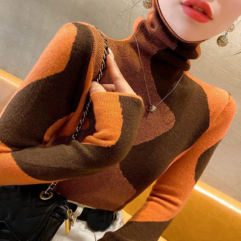 Maglione a collo alto per donna autunno e inverno Nuovo maglione base autunno inverno Pullover di alta qualità Strato interno in maglia a blocchi di colore_voghion.com