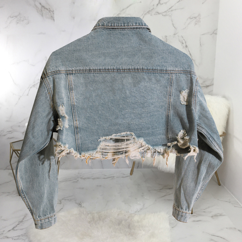 Kadın Giyim Moda Kısa Yıkanmış Kot Ceket Üst_voghion.com