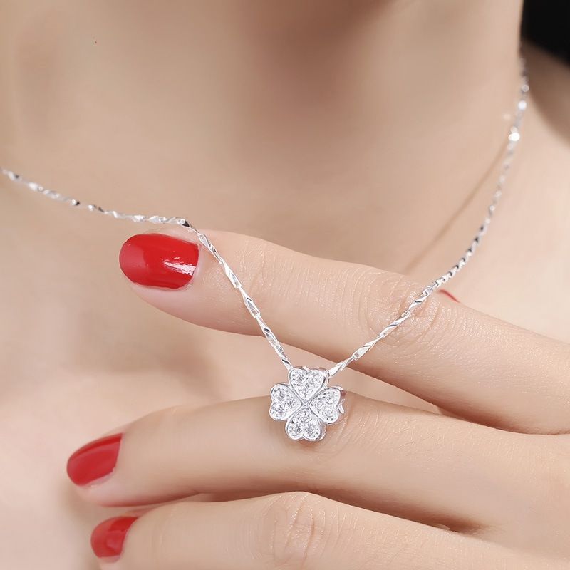 s999 Four-leaf Clover Full Diamond Silver Necklace Women's Niche Design High-end All-match Clavicle Chain Star Pendant_voghion.com