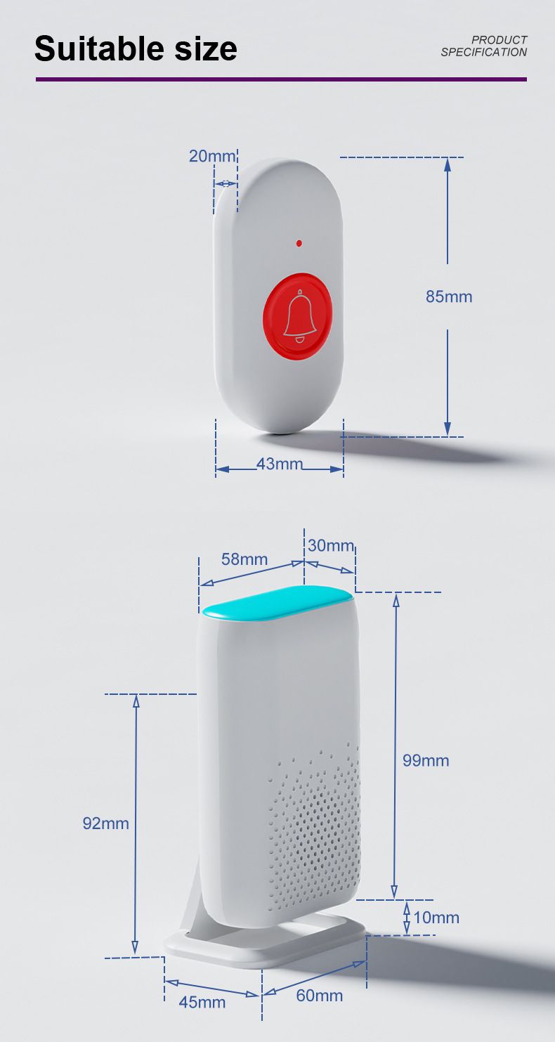 Timbre inalámbrico con 58 timbres, LED intermitente de colores y alerta por vibración. Alimentación CC de 5 V. Ideal para el hogar y el cuidado de personas mayores (botón rojo/azul opcional)._voghion.com