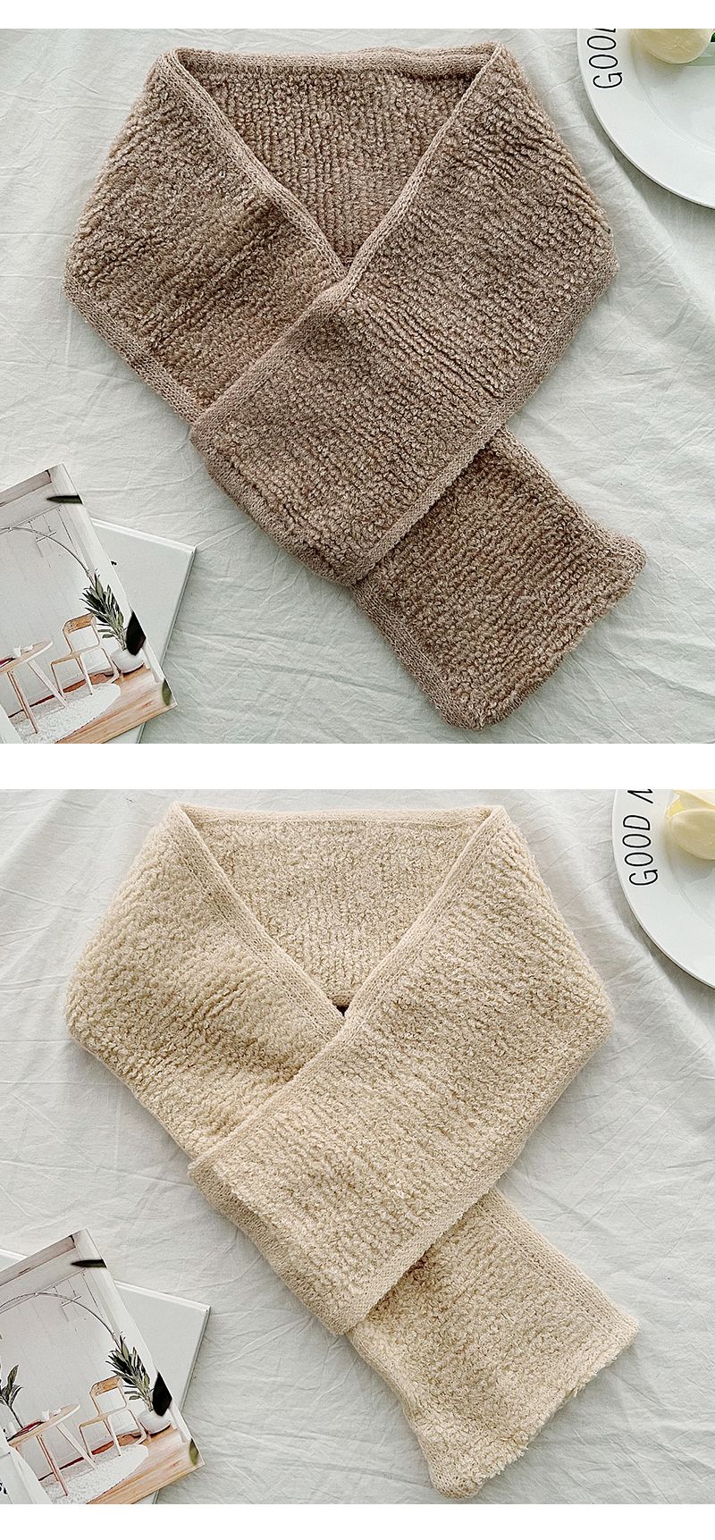 2024 Neuer Kreuz-Kurzschal für Damen im Winter, wärmend, einfarbiges Strickgarn, koreanische Ausgabe, modisch, westlich und_voghion.com