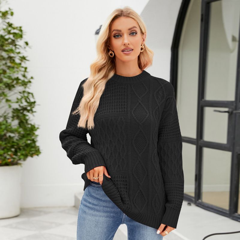 Maglione casual, maglione a collo alto, motivo zebrato a contrasto, maniche a palloncino, maglia larga_voghion.com