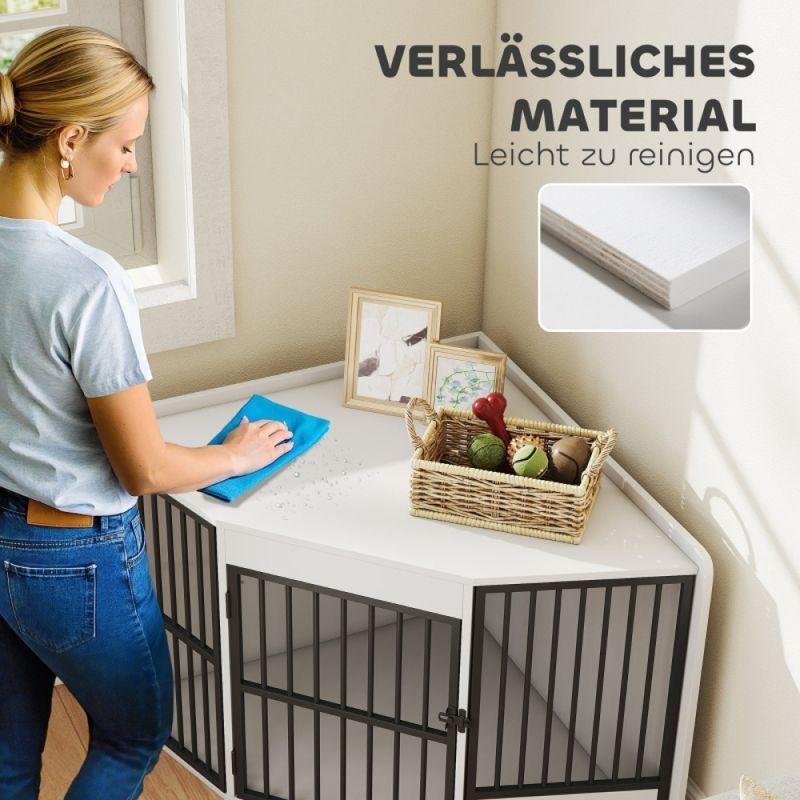 Hundebox, Aufenthaltsbox Für Kleine und Mittelgrosse Hunde, Haustierbox, Fütterungstür, MDF, Metall, Weiß_voghion.com