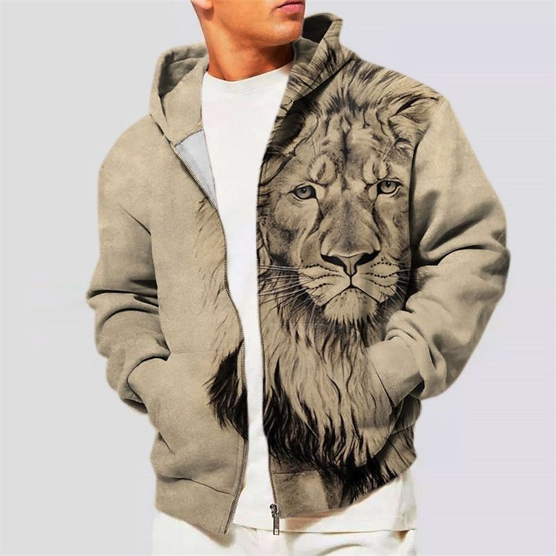 Kapuzenjacke für Herren mit durchgehendem Reißverschluss und Tier-Löwen-Muster für Outdoor-Sport, täglichen 3D-Druck, Freizeit auf der Straße_voghion.com