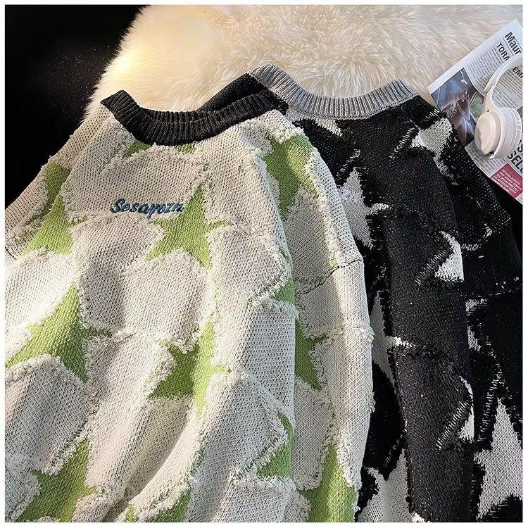 Herrenbekleidung Rundhals-Strickpullover mit Stern-Jacquard-Muster, Rundhals-Farbblock-Pullover, locker sitzendes Freizeitoberteil für Herbst und Winter_voghion.com