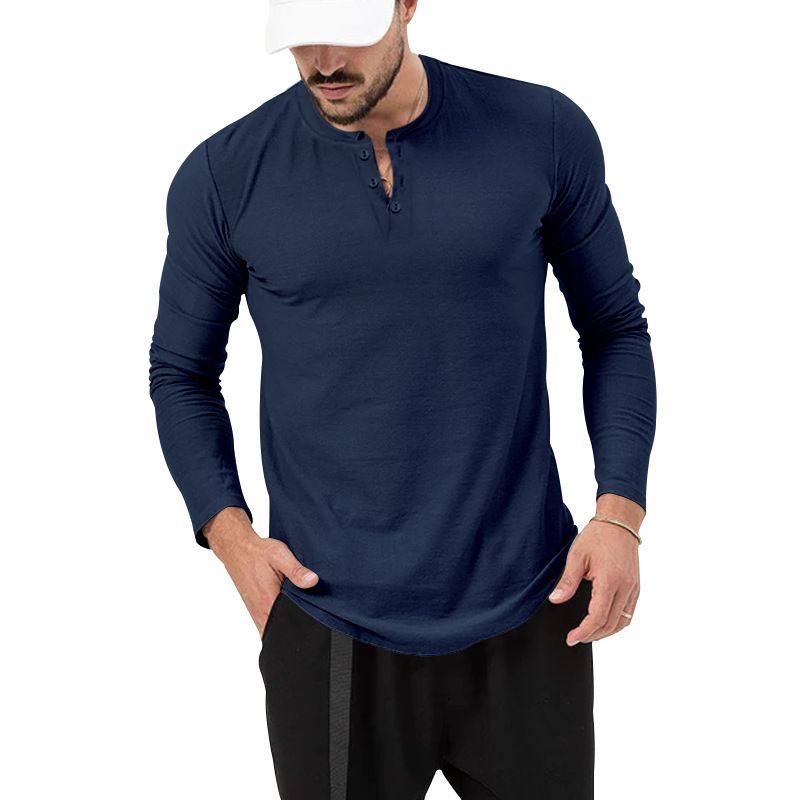 Unschlagbare Qualität 2025 Langarm-T-Shirt Rundhalsausschnitt Einfarbig Button-Down Henley Casual Sports Base Shirt Herrenbekleidung_voghion.com