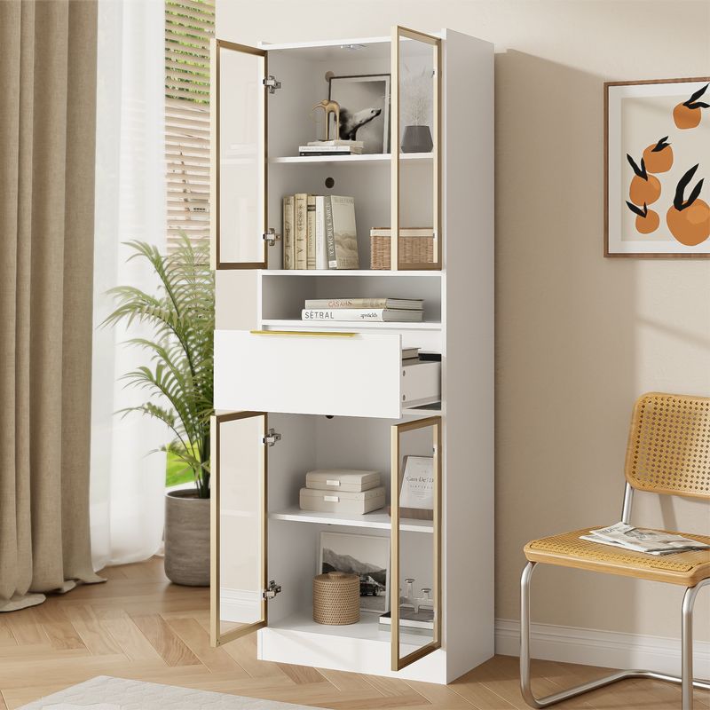 Meuble haut blanc moderne avec éclairage LED 16 couleurs et Bluetooth, 60 x 35 x 180 cm, vitrine avec tiroir et façade en verre, placard de rangement pour salon, chambre ou bureau, MDF et verre de sécurité._voghion.com