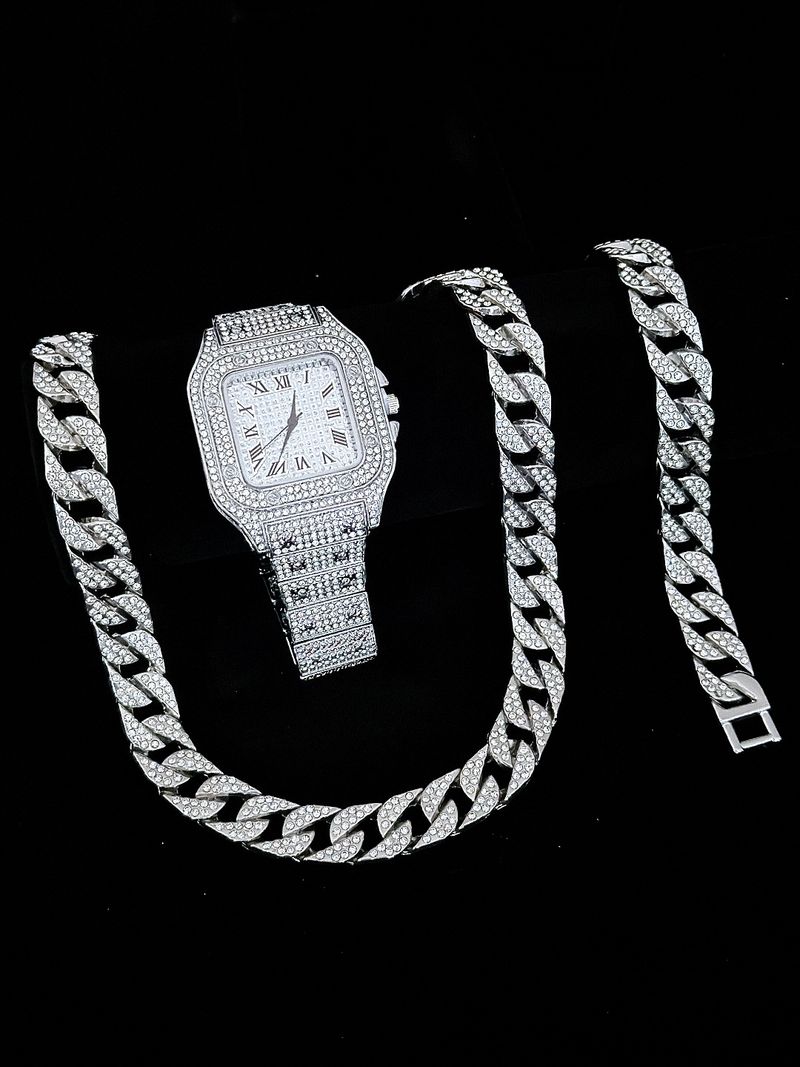 Men And Women's Jewelry - Stylish Square Watch Pendant Cuban Chain Necklace, Hip Hop Fashion Accessory, Trendy Unisex Gift, Gold And Silver Options_voghion.com
