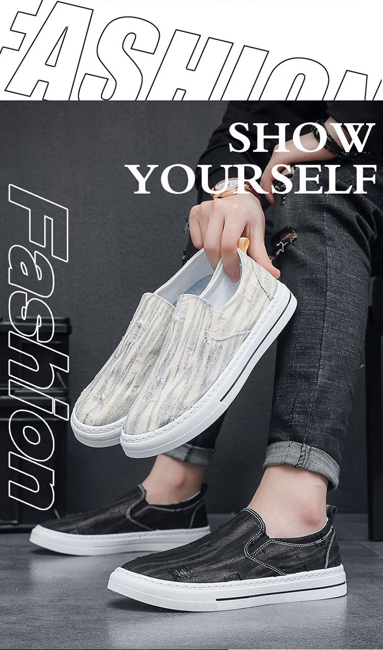 Tênis casuais masculinos de lona respirável, novos, versáteis, planos e sem cadarço, calçados da moda para o verão_voghion.com