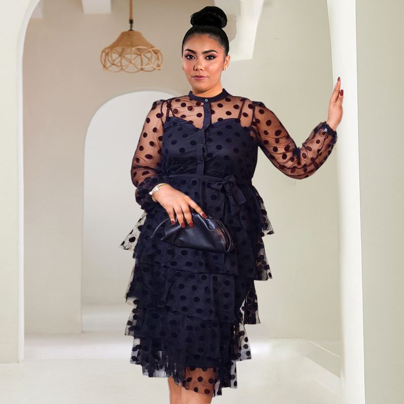 Women's Clothing Sexy see-through polka dot mesh tulle skirt with belt plus size_voghion.com
