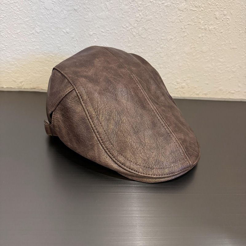 Cappelli da donna retrò in pelle PU, tinta unita, cappello a punta per autunno e inverno, berretto a rete con personalità di celebrità, cappello a becco d'anatra invertito per uomo_voghion.com