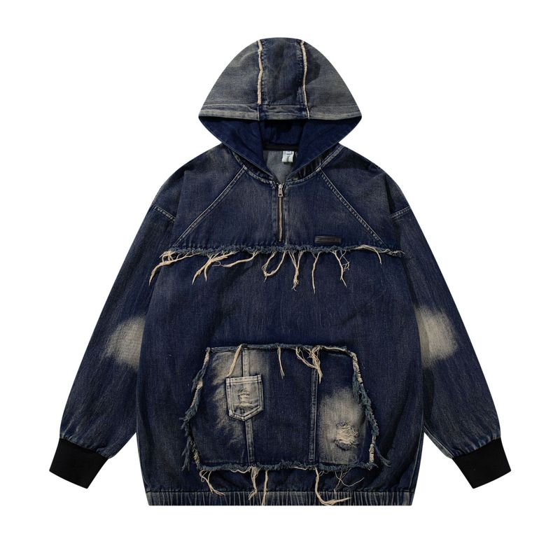 Men's Clothing New High Street Trendy Brand Denim Hoodie Wasteland Style Washed Splicing Hooded Sweatshirt_voghion.com