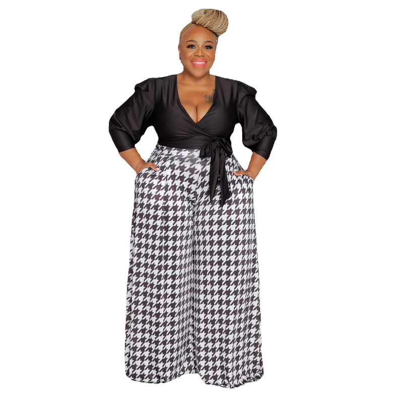 Damkläder heta stil nya houndstooth plus size breda ben byxor damunderdel_voghion.com