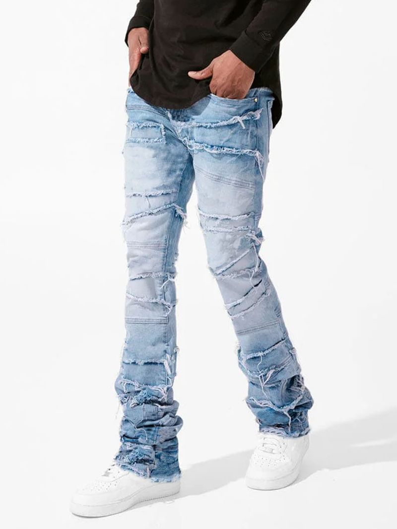 Men's Clothing New Men's Denim Straight Pants Street Fashion Ins Popular Stretch Patch Denim Straight Pants_voghion.com