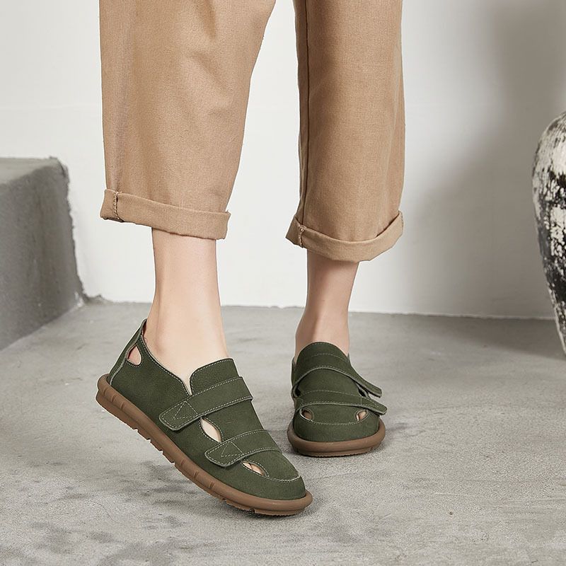Genuine Leather Women's Sandals Summer Velcro Design Casual Sole Soft Surface Suede Cowhide Flat Shoes_voghion.com
